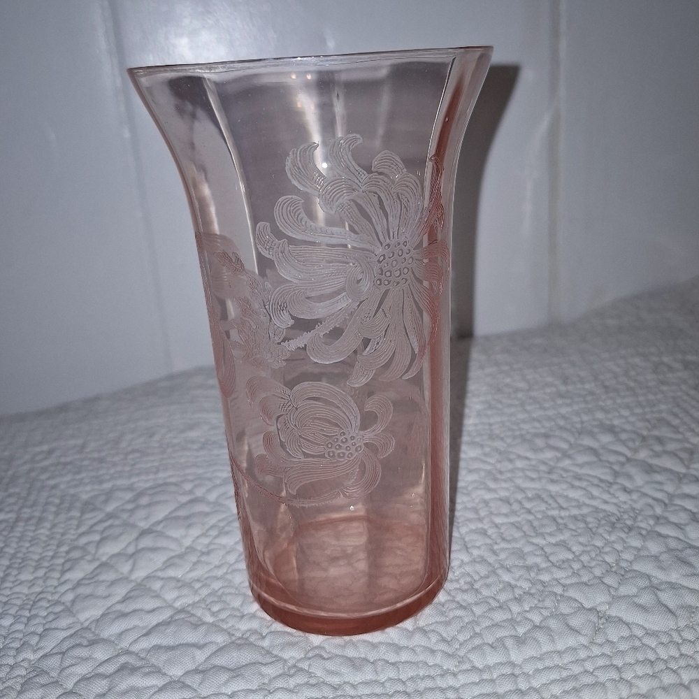 Antique Pink Fluted Glass With Etched Floral Design